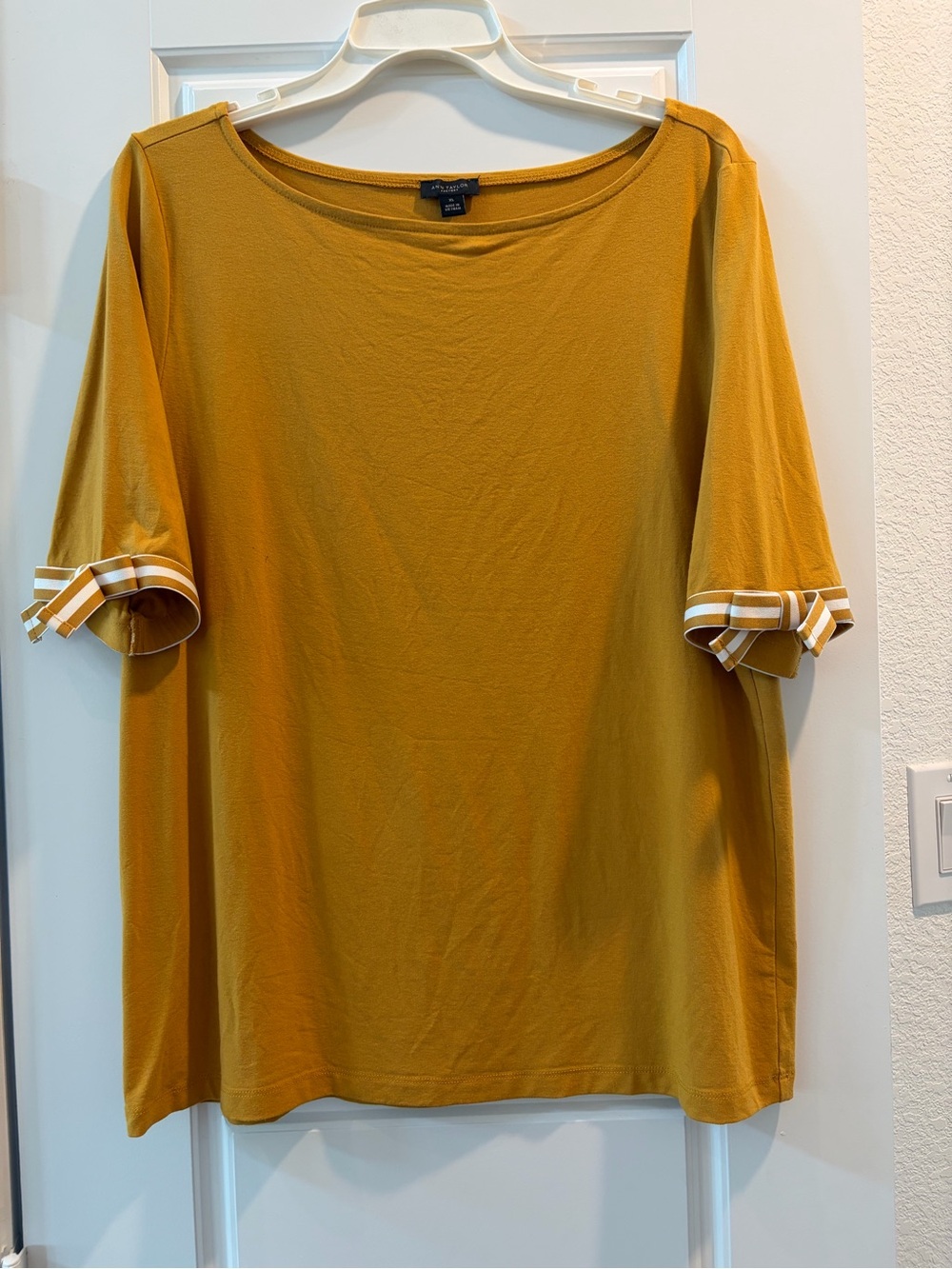 Chico's Mustard Short Sleeve Boatneck Tunic with Stripe Cuffs